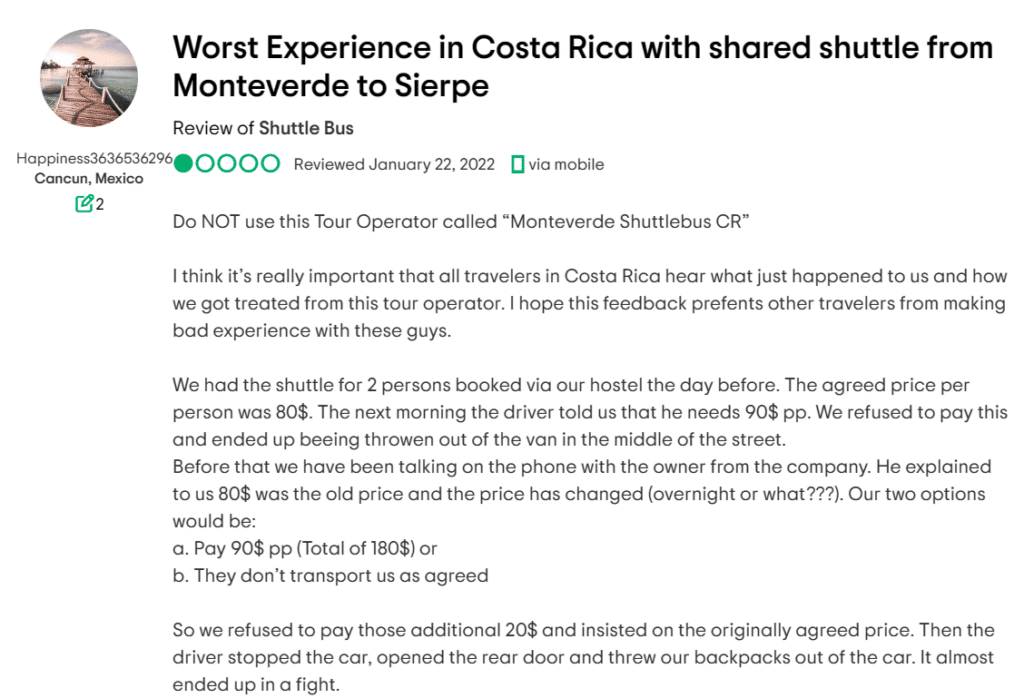 Monteverde Shuttle Bus CR TripAdvisor Bad Review