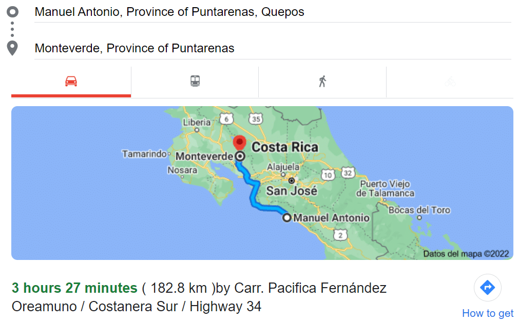 Map from Manuel Antonio to Monteverde