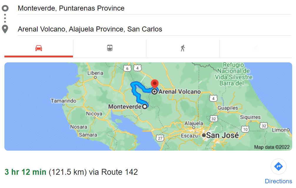 Map on How to Get From Monteverde to Arenal