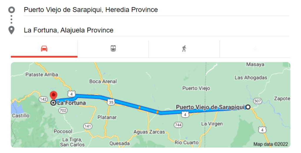 Map from Sarapiqui to Arenal and La Fortuna