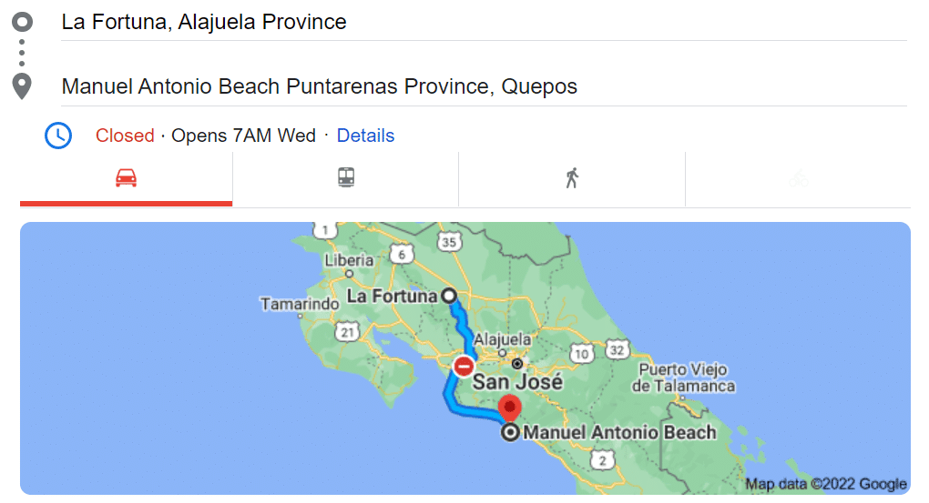 map from La Fortuna to Manuel Antonio