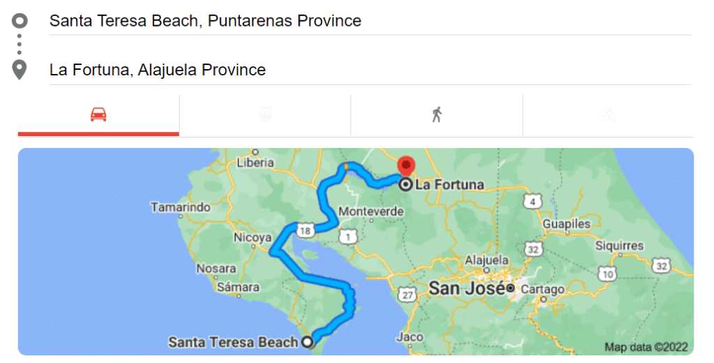 Map showing the route from Santa Teresa to La Fortuna