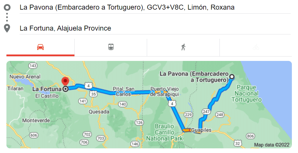 Tortuguero to La Fortuna map