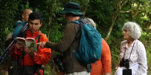 A group with a tour guide on a Monteverde Bird Watching Tour.