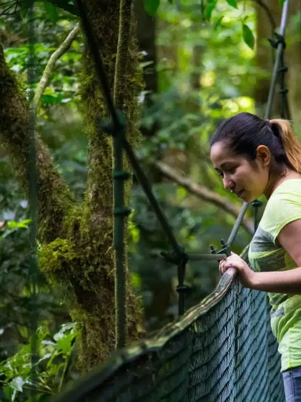 A tourist at the Monteverde Hanging Bridges at 100% Aventura Park.